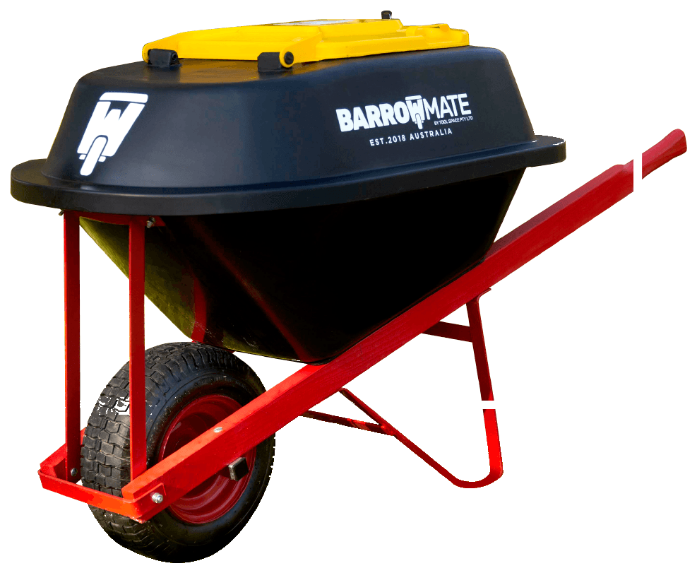 Barrowmate waterproof cover waterproof wheelbarrow cover in yellow and black, fitted to a builders wheelbarrow