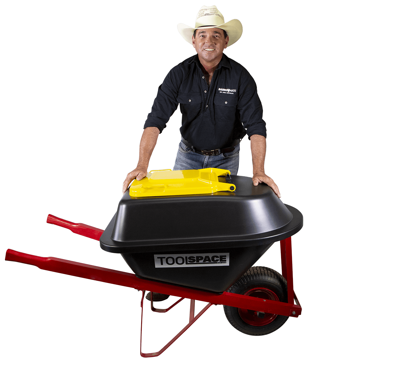 Jason Chester with a Barrowmate fitted to a red wheelbarrow